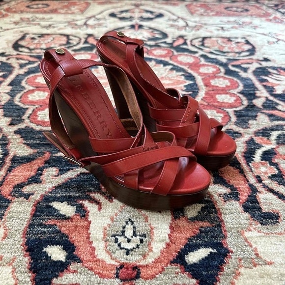 Burberry Red Leather Open Toe Ankle Strap Wedge Sandals